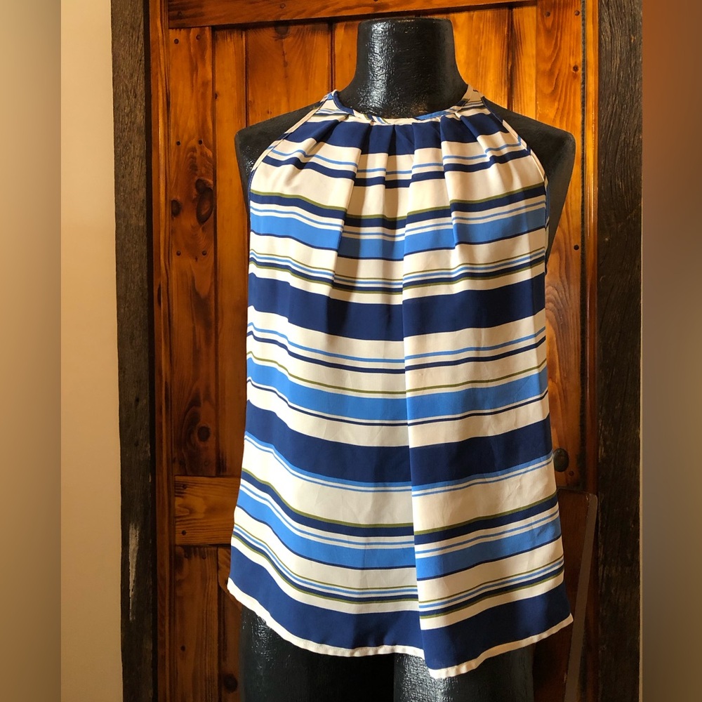 Kenar Blue, Navy & white Striped almost sheer tank top sz med